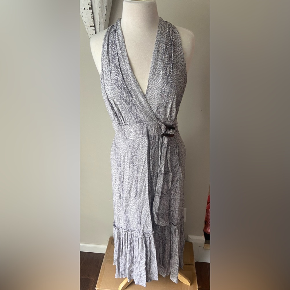 Anthropologie sleeveless belted long dress. Violet animal skin print